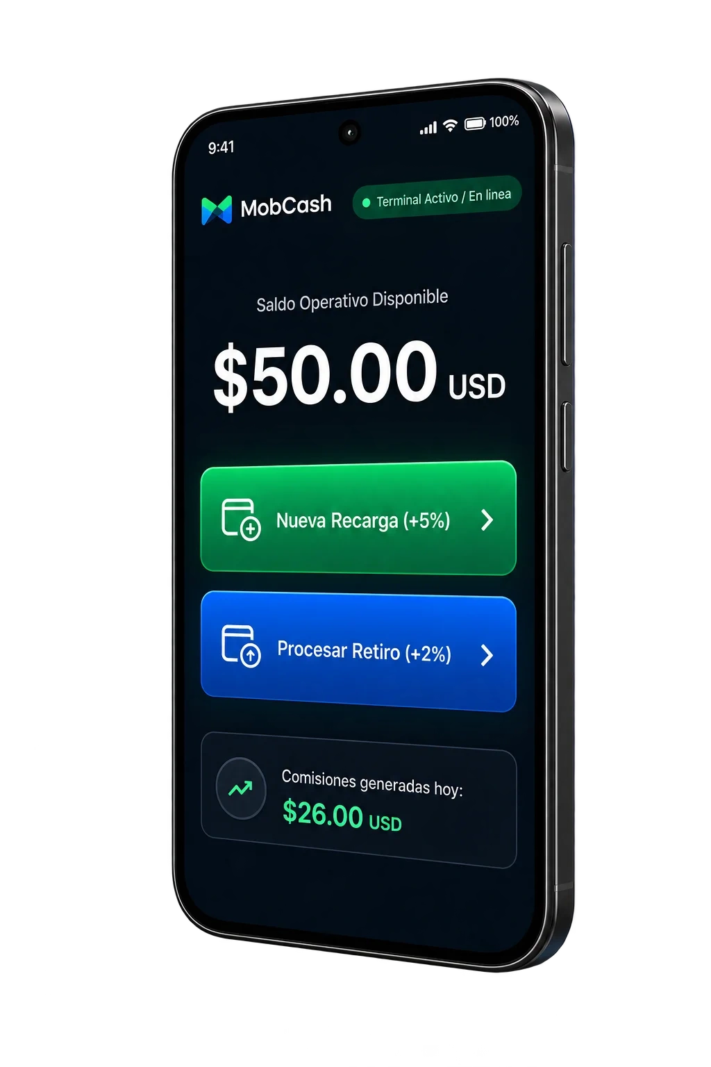 Interfaz operativa de la aplicación MobCash para agentes de 1xBet en Ecuador
