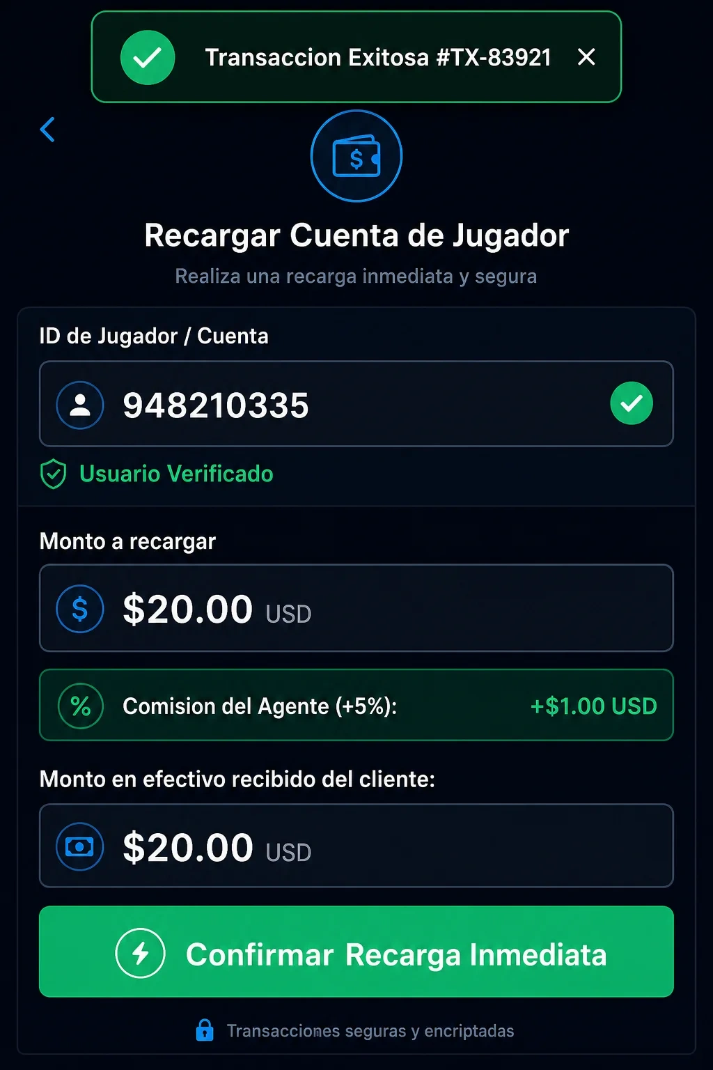 Captura de pantalla del formulario de recarga por ID