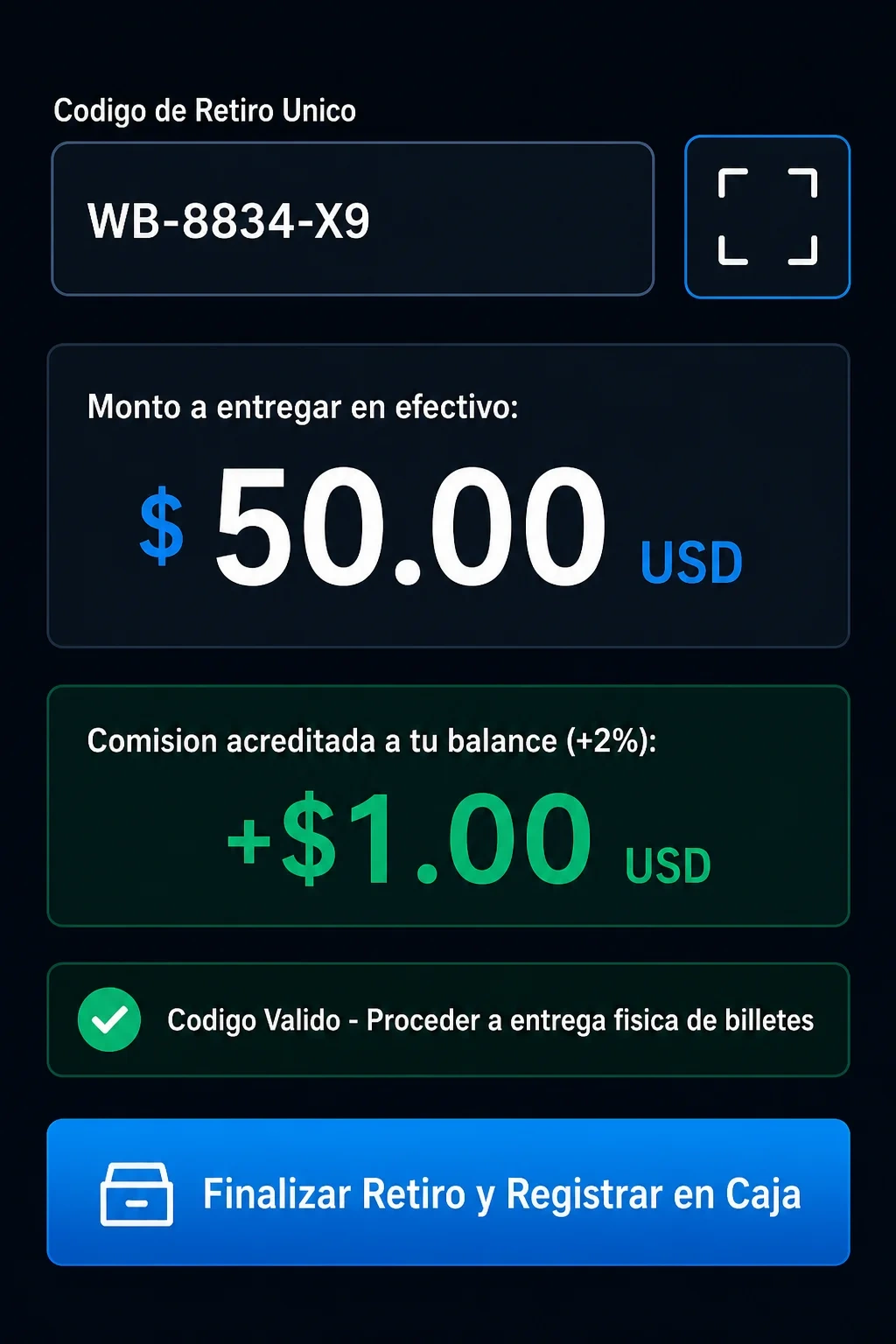 Captura de pantalla de confirmación de retiro